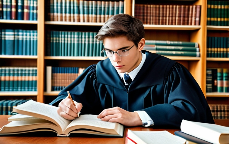 Aspiring Lawyer**
A young, enthusiastic law student studying intently in a well-lit university library, surrounded by textbooks and legal documents, fully clothed in appropriate academic attire, safe for work, perfect anatomy, correct proportions, natural pose, professional photography, high quality, family-friendly.
**