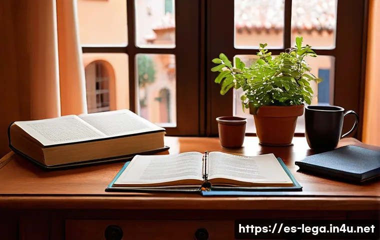 법무사 시험 과목의 난이도 및 중요성 - A detailed study desk scene in a cozy Spanish-style home office, featuring an open law textbook on c...