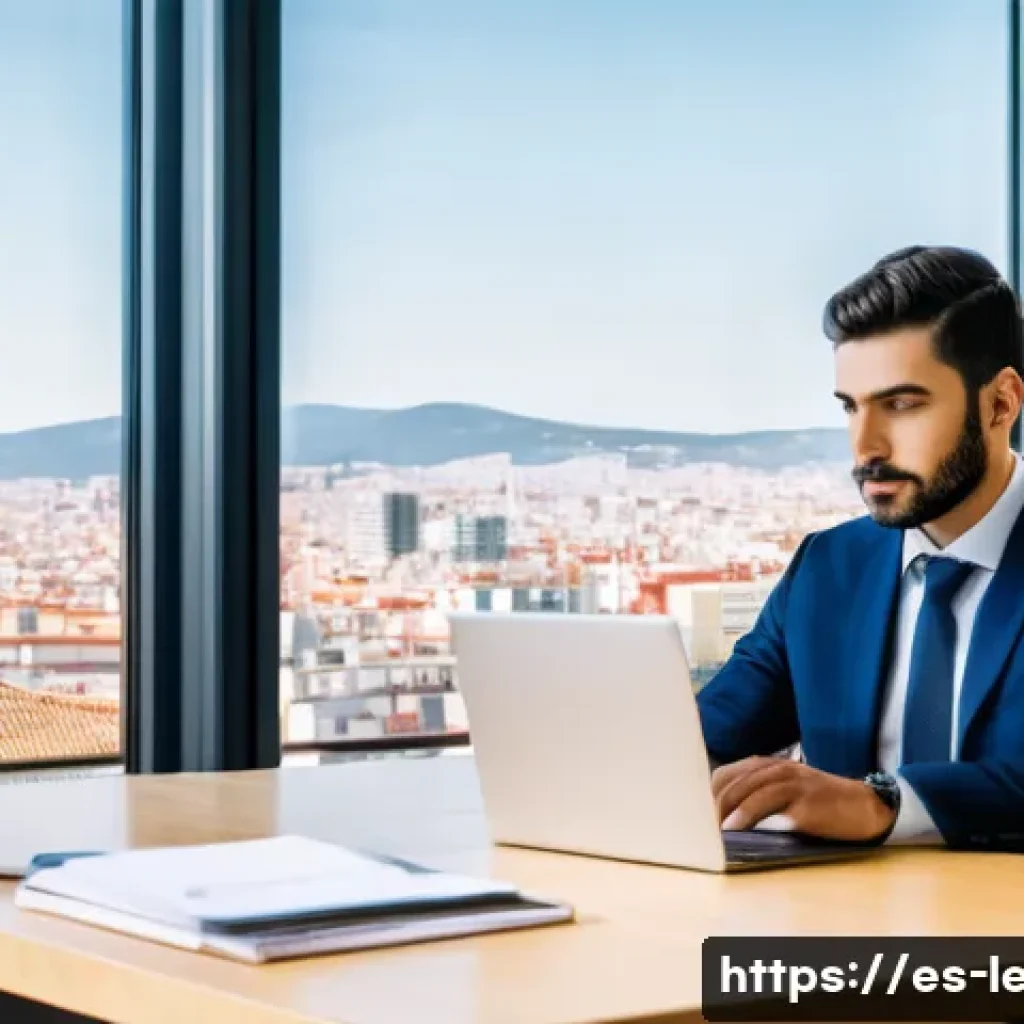 법무사 경력직 구인 정보 - A modern Spanish legal professional working in a bright, contemporary office, dressed in formal busi...