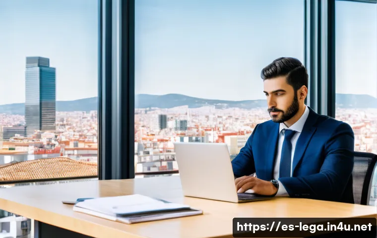 법무사 경력직 구인 정보 - A modern Spanish legal professional working in a bright, contemporary office, dressed in formal busi...