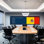 Home 19 법무사 사무소 운영 팁 - A modern legal office interior with a diverse team of Hispanic lawyers collaborating around a large ...