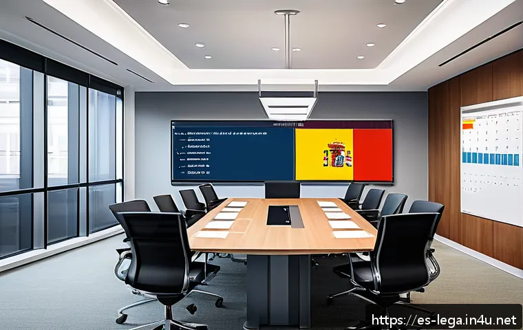 법무사 사무소 운영 팁 - A modern legal office interior with a diverse team of Hispanic lawyers collaborating around a large ...