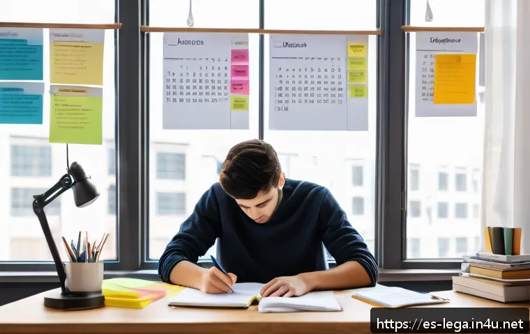 법무사 시험에서 놓치기 쉬운 항목 - A focused young adult studying at a tidy desk in a bright, modern room with natural light streaming ...